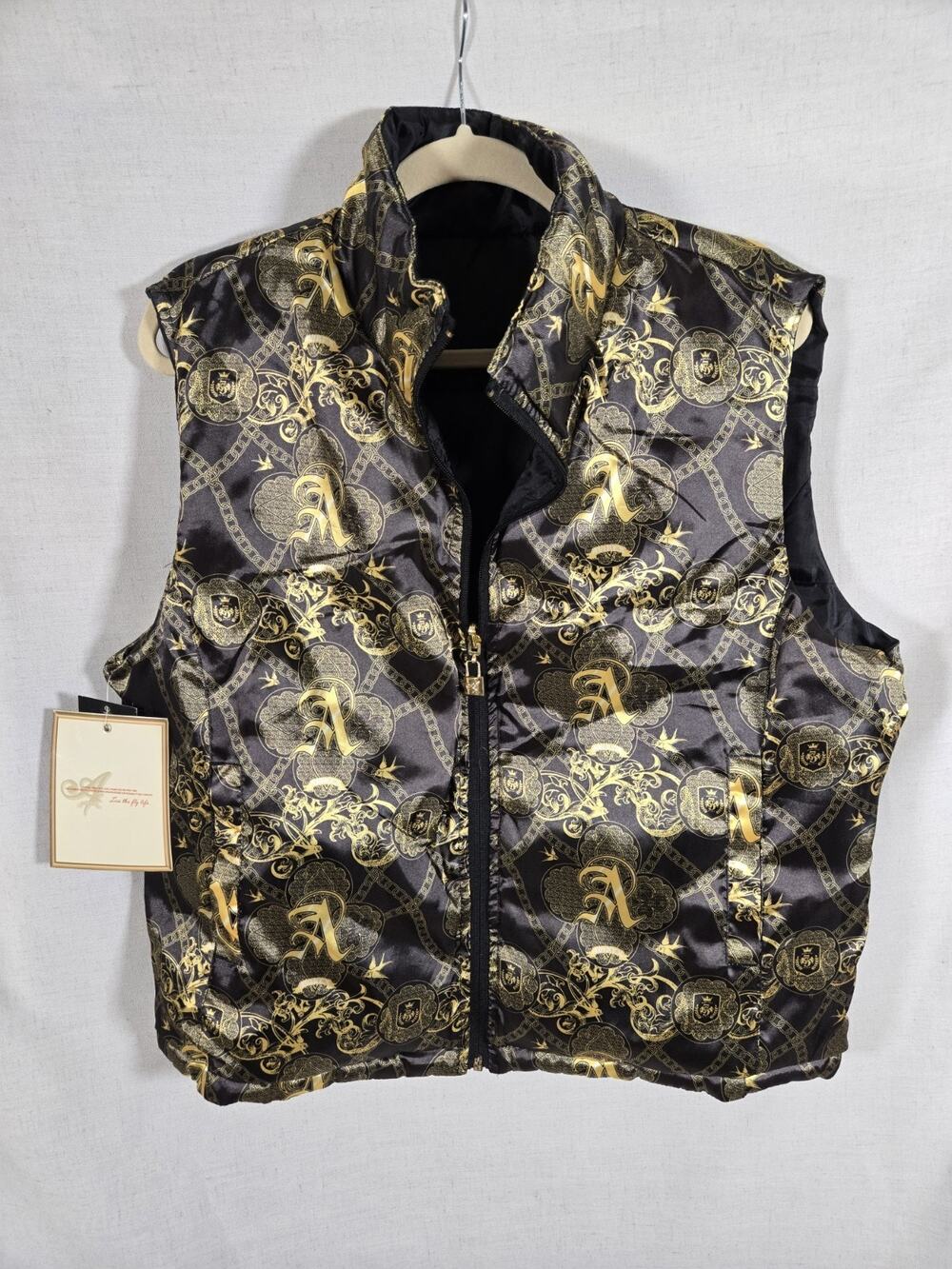 VTG Avirex Y2K Deadstock Baroque Monogram Puffer Vest Black Gold Crest NWT XL